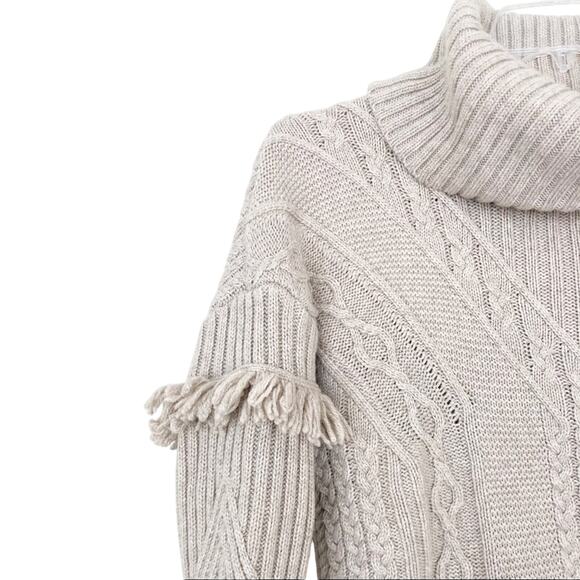 Artisan NY Wool Blend Tan Knit Turtleneck Sweater Fringe Sz M - Picture 2 of 6